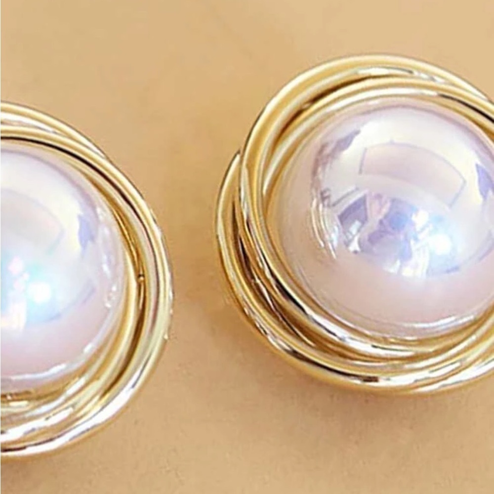 Gold Over 925 Sterling Silver Faux Pearl Decor Stud Earrings - Picture 3 of 6